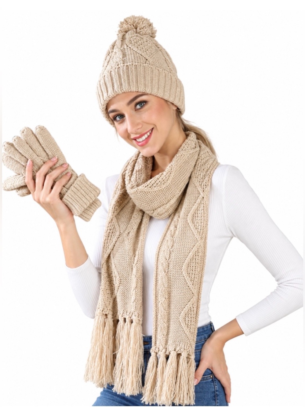 New! Super Soft  Beige Cable Knit Pom Beanie, Scarf & Glove Set -
